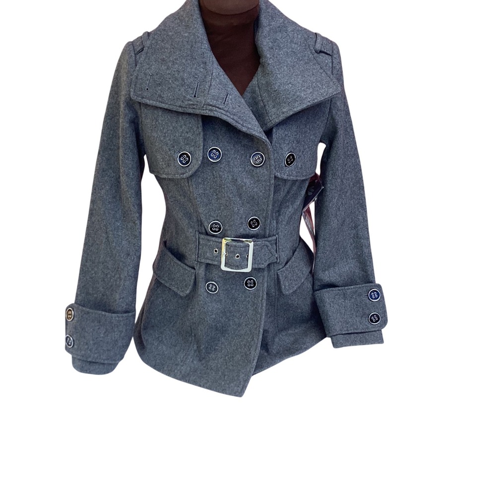 Green‎ With Envy Gray Wool Blend Belted Pea Coat Jacket Womens Small 621931SA